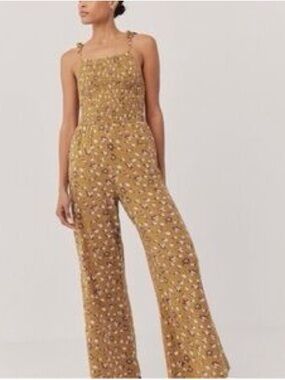 Floral Tie-Shoulder Wide-Leg Jumpsuit in Mustard